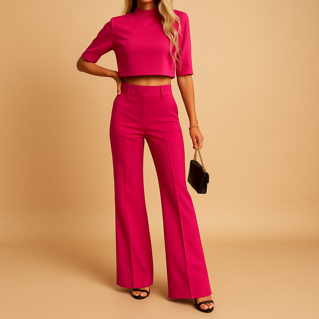 Herfstlicht Tweedelig Dames Set – Cropped Top en Taillierte Broek met Elastische Band