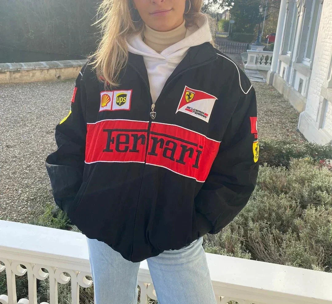 Vintage Ferrari Racer Jack met Sportieve Stijl en Duurzame Materialen Unisex