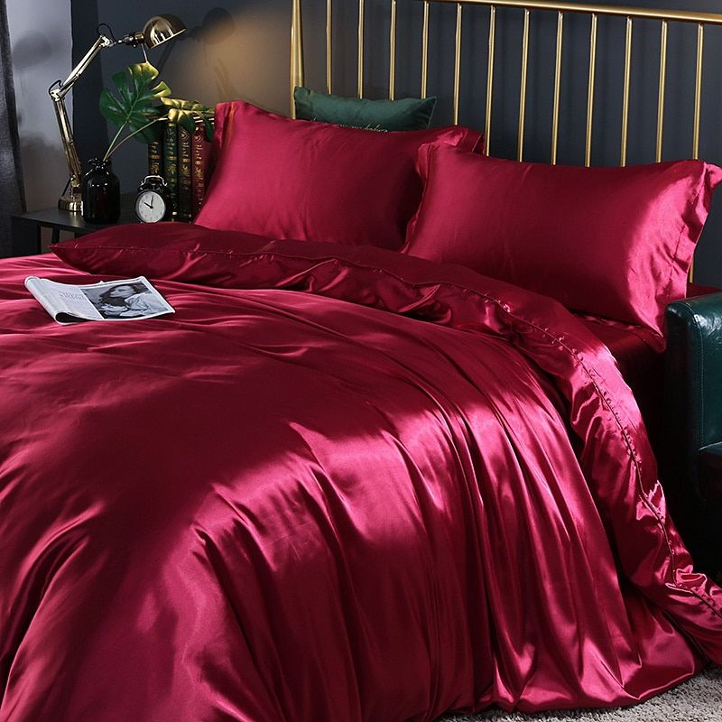 4 stuks superzachte luxe zijden beddengoed set (1 platte lakens + 1 dekbedovertrek + 2 kussenslopen)