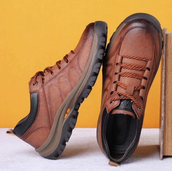 Handgenaaide heren vrijetijdsschoenen | Echt rundsleder | Orthopedisch drievoetsteunontwerp | Antislip rubberen zool | Waterafstotend & Ademend | Zwart & Bruin