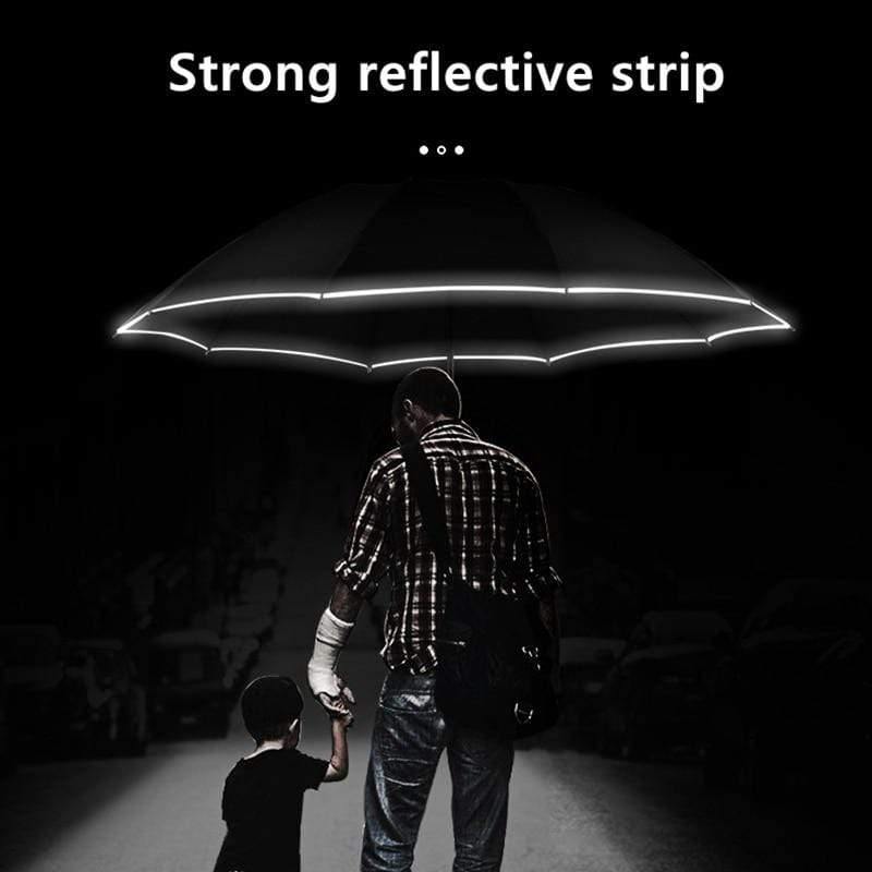 Automatische omgekeerde LED-licht paraplu met reflecterende strip, drievoudig opvouwbaar, omgekeerd, 10 ribben, winddichte paraplu's voor reizen