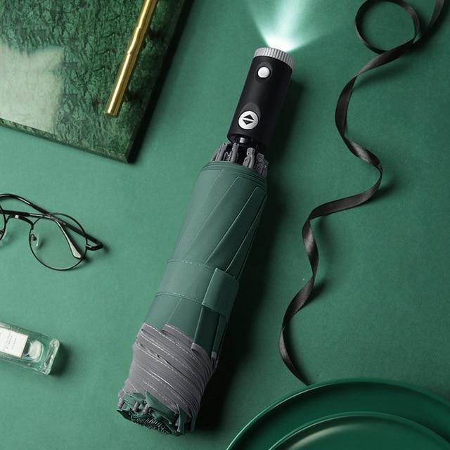 Automatische omgekeerde LED-licht paraplu met reflecterende strip, drievoudig opvouwbaar, omgekeerd, 10 ribben, winddichte paraplu's voor reizen