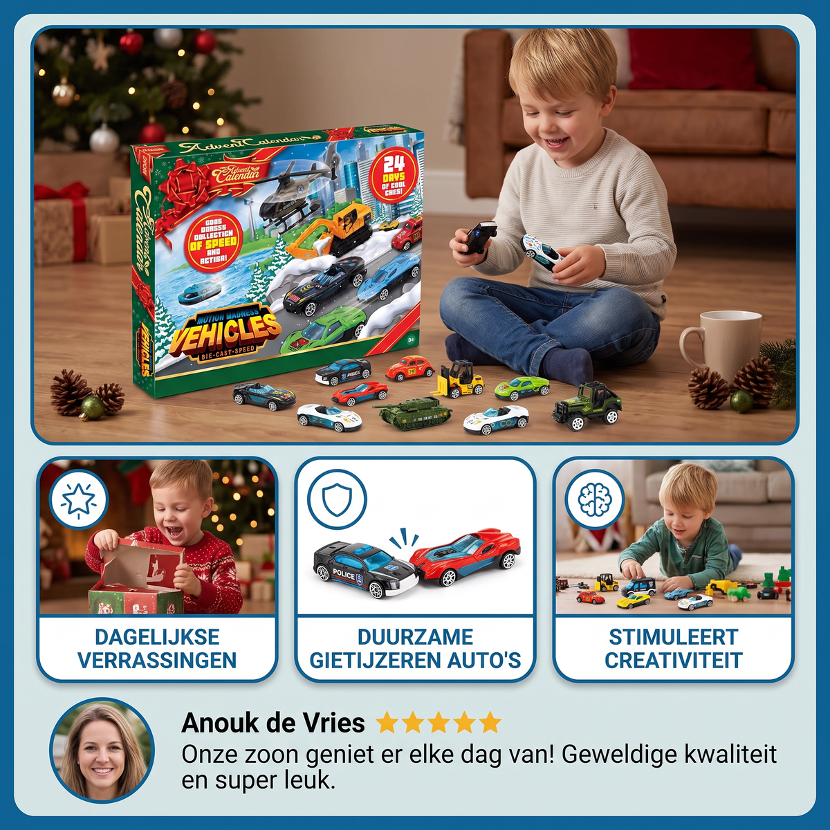 Kerst-adventskalender met gietijzeren auto's voor kinderen