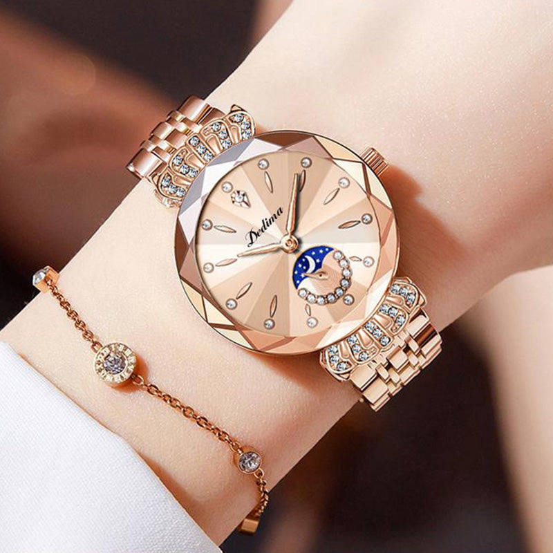 LuxeLuna Diamanten Maansterhorloge voor Dames | Elegant design met sprankelende diamanten accenten