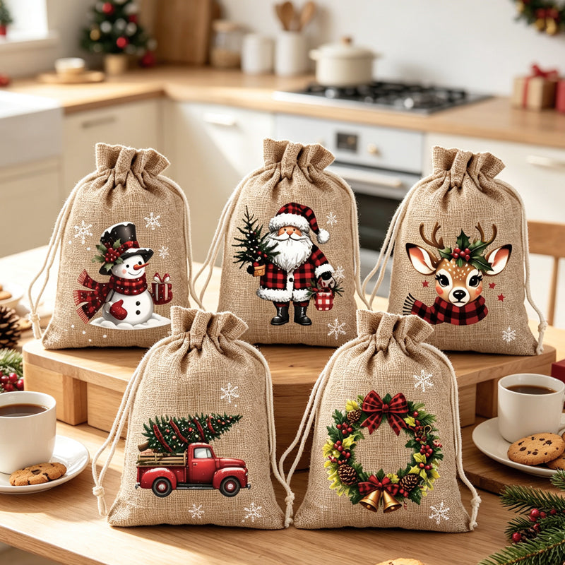Kerstcadeautasjes met Trekkoord – Kerstman- en Rendiermotieven voor Cadeaus