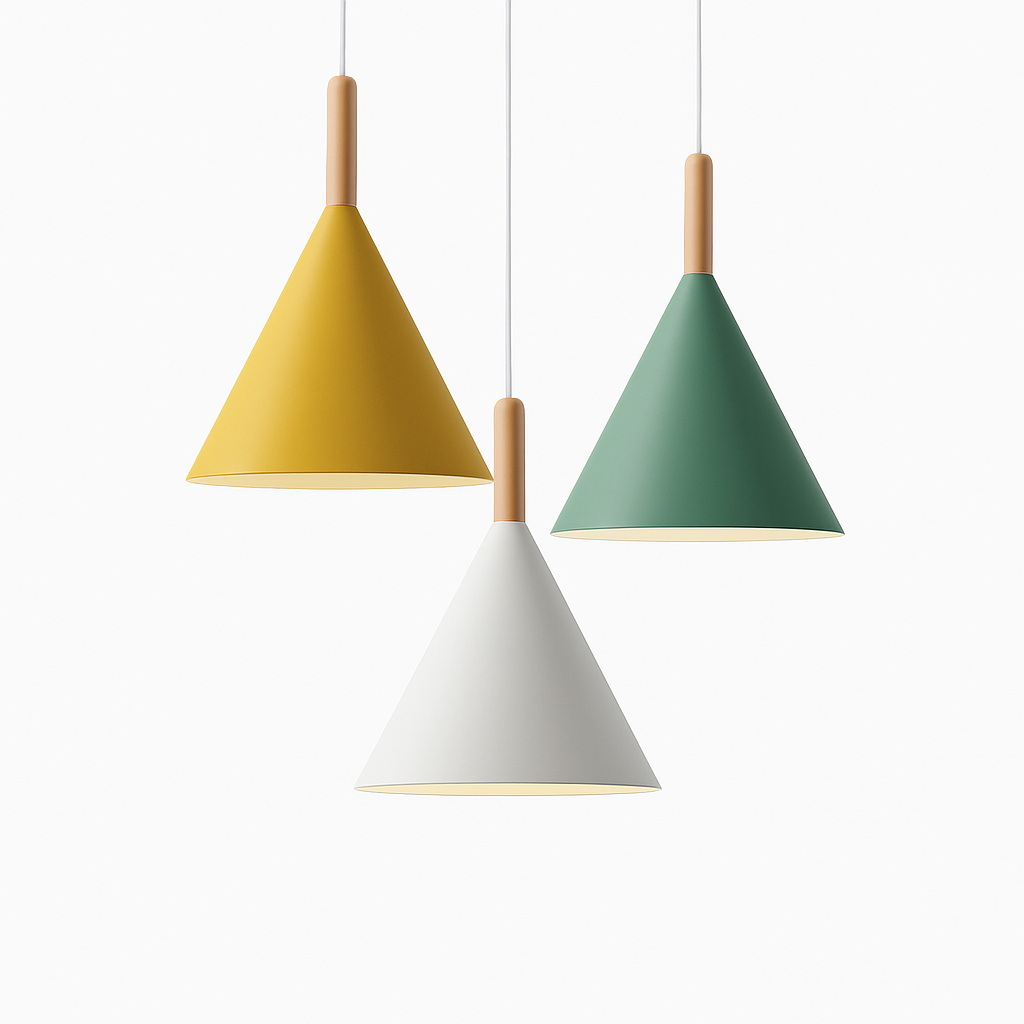 Kleurige conische metalen hanglamp met houten staaf Bar