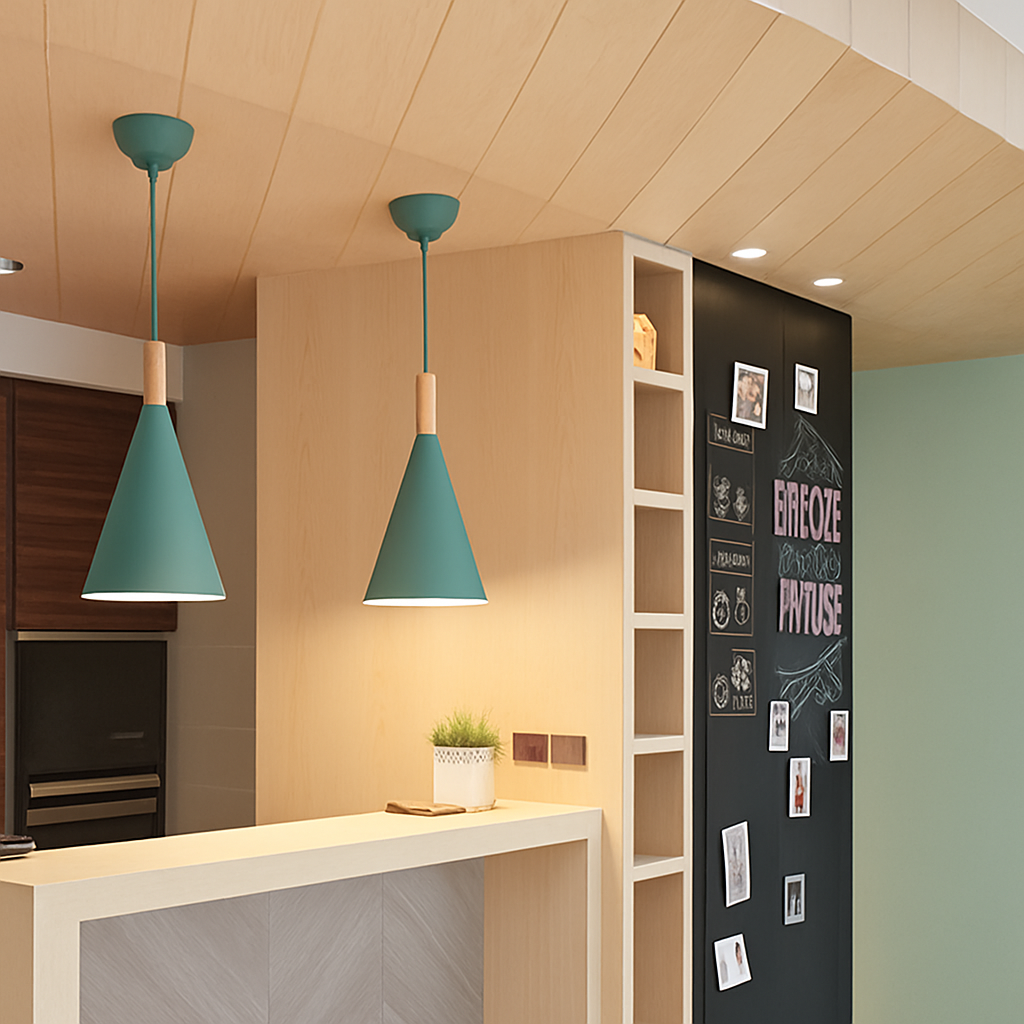 Kleurige conische metalen hanglamp met houten staaf Bar