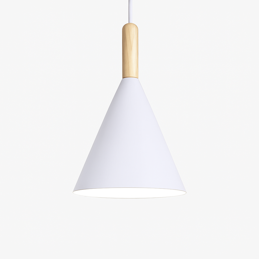 Kleurige conische metalen hanglamp met houten staaf Bar