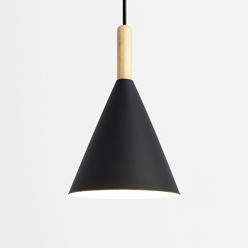 Kleurige conische metalen hanglamp met houten staaf Bar