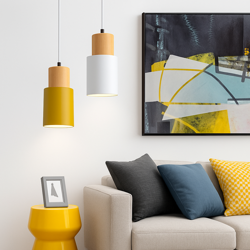 Cilindrische Hanglamp van Hout en Metaal in de Kleur Hout