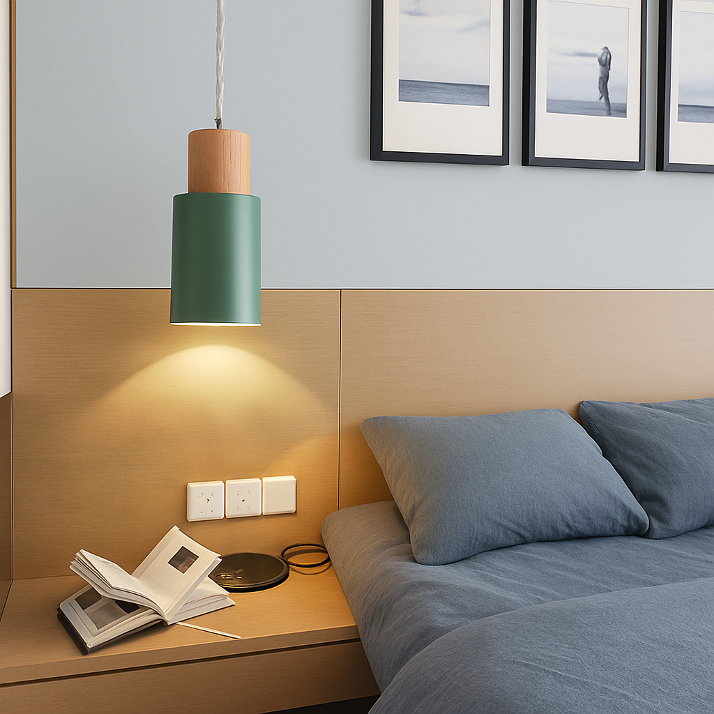 Cilindrische Hanglamp van Hout en Metaal in de Kleur Hout