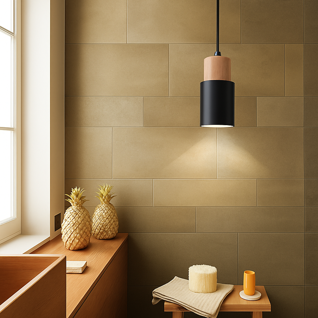 Cilindrische Hanglamp van Hout en Metaal in de Kleur Hout