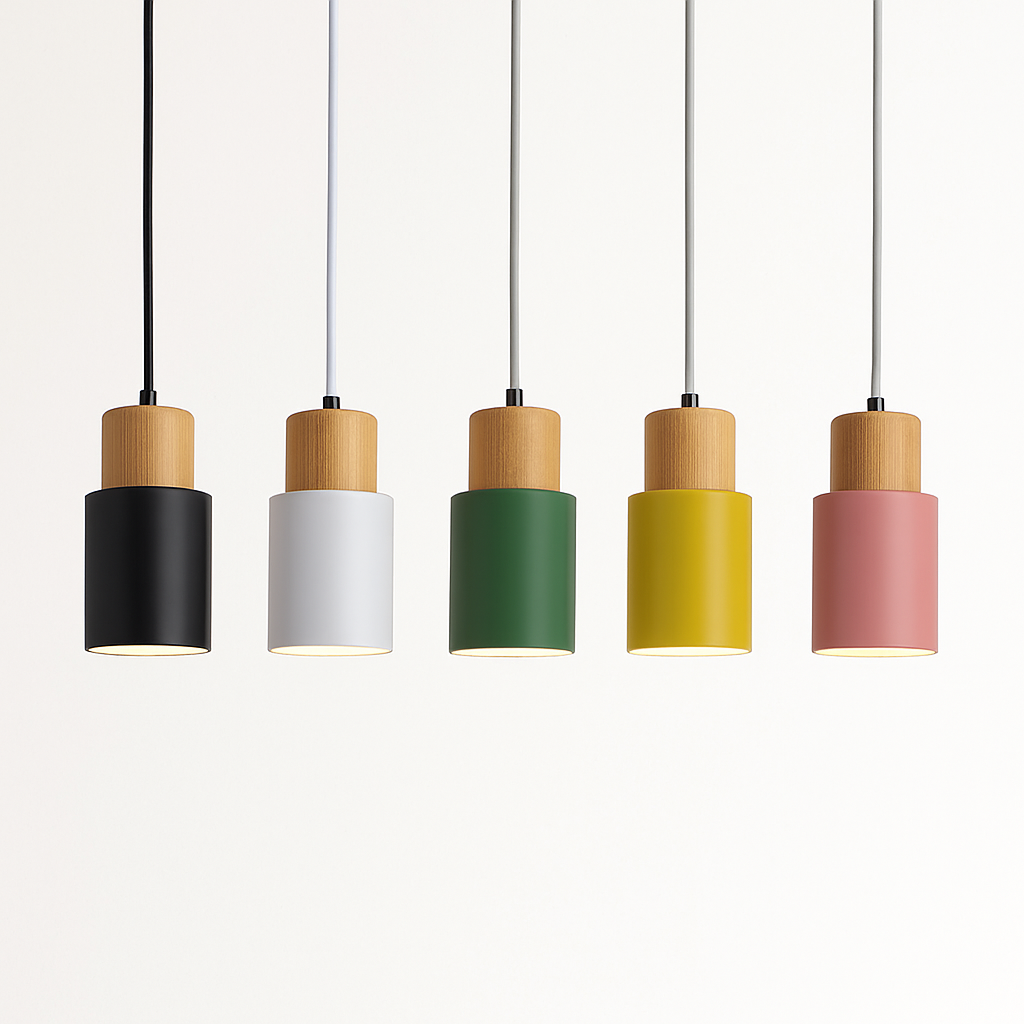 Cilindrische Hanglamp van Hout en Metaal in de Kleur Hout