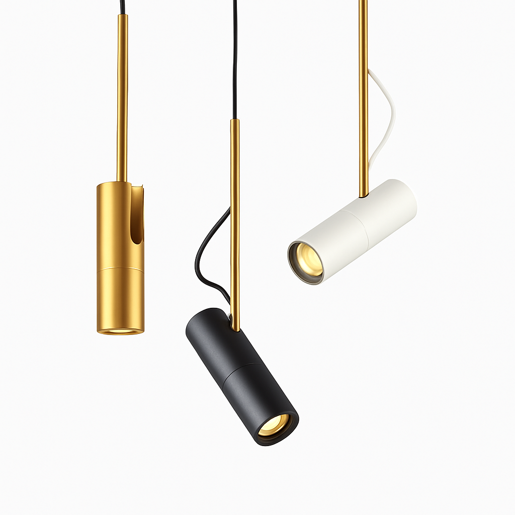 Design-hanglamp met draaibare spot en gouden staaf
