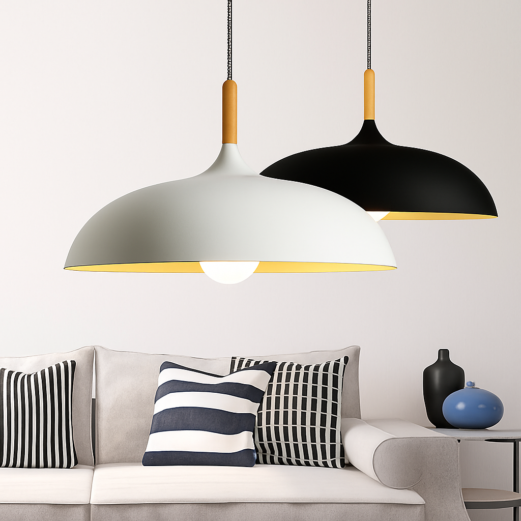 Aluminium Hanglamp in Kleur en Houten Stang Wood