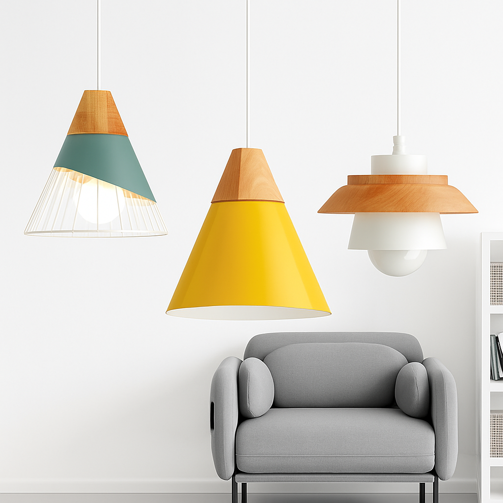 Kleurige metalen en houten hanglamp in verschillende Scandinavische vormen