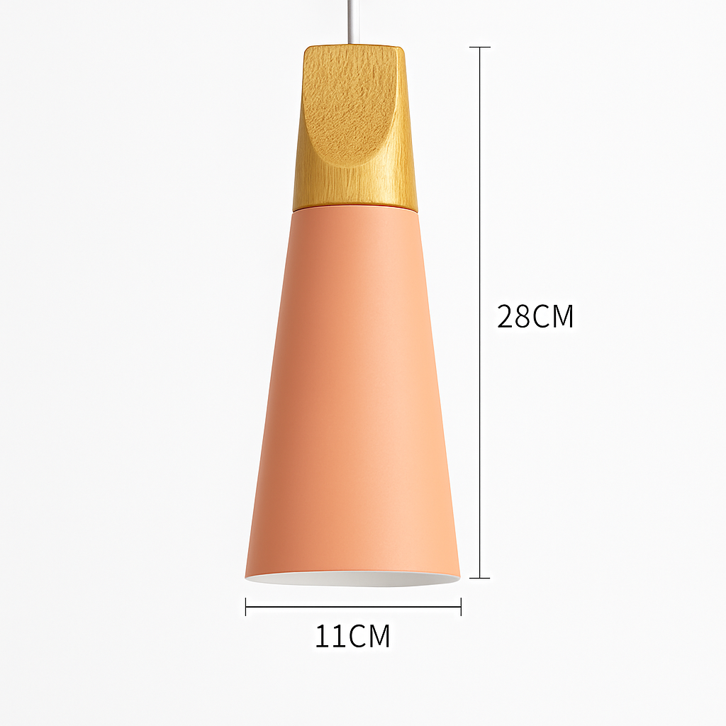 Kleurige metalen en houten hanglamp in verschillende Scandinavische vormen