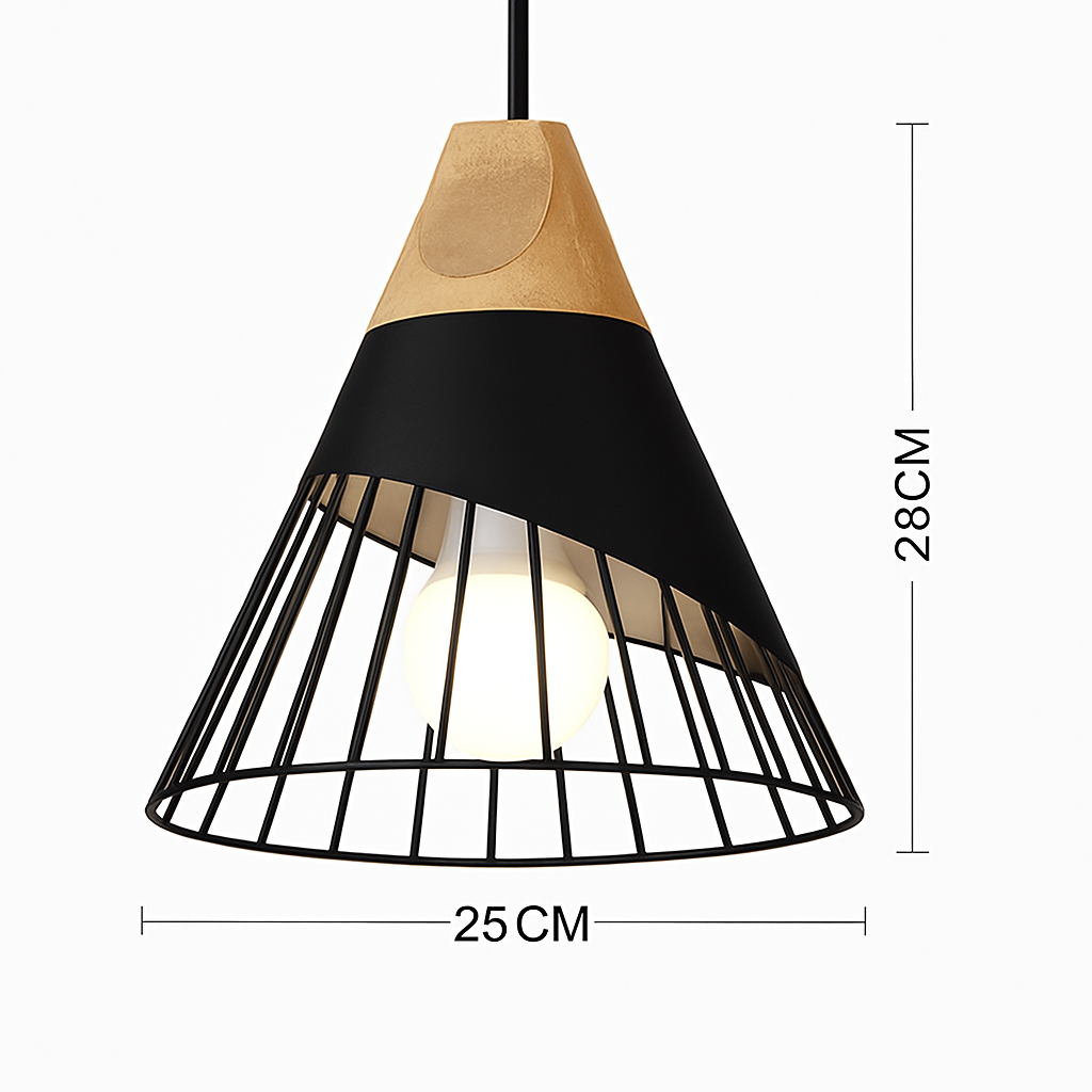 Kleurige metalen en houten hanglamp in verschillende Scandinavische vormen
