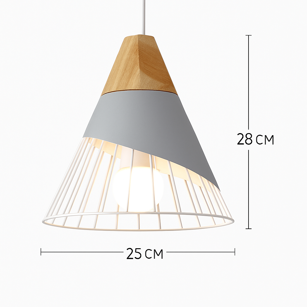 Kleurige metalen en houten hanglamp in verschillende Scandinavische vormen