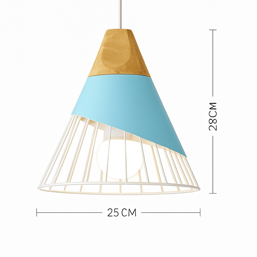 Kleurige metalen en houten hanglamp in verschillende Scandinavische vormen