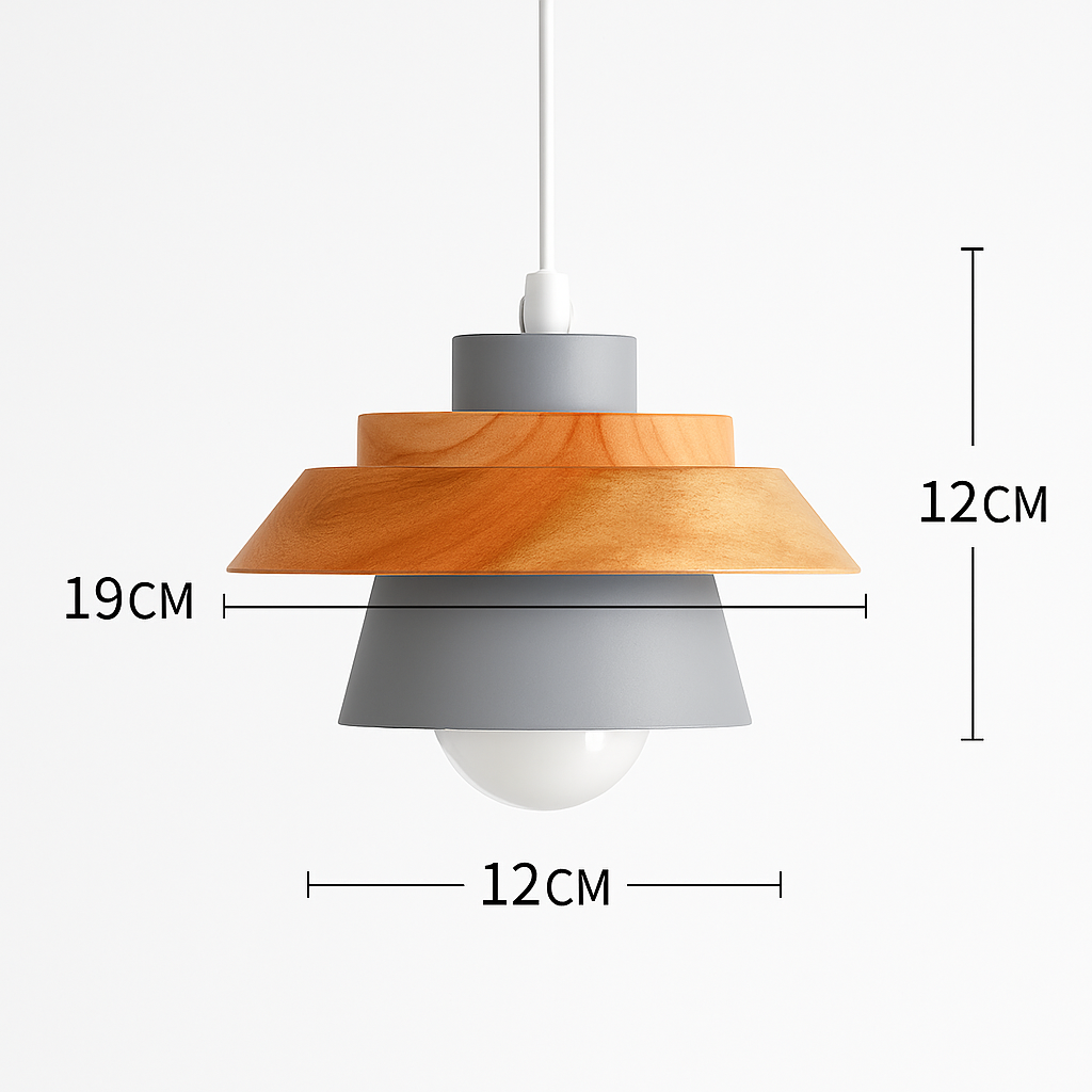 Kleurige metalen en houten hanglamp in verschillende Scandinavische vormen