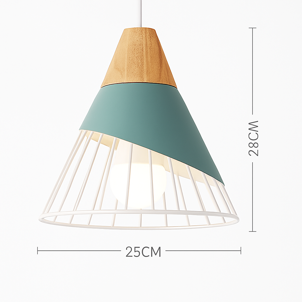 Kleurige metalen en houten hanglamp in verschillende Scandinavische vormen