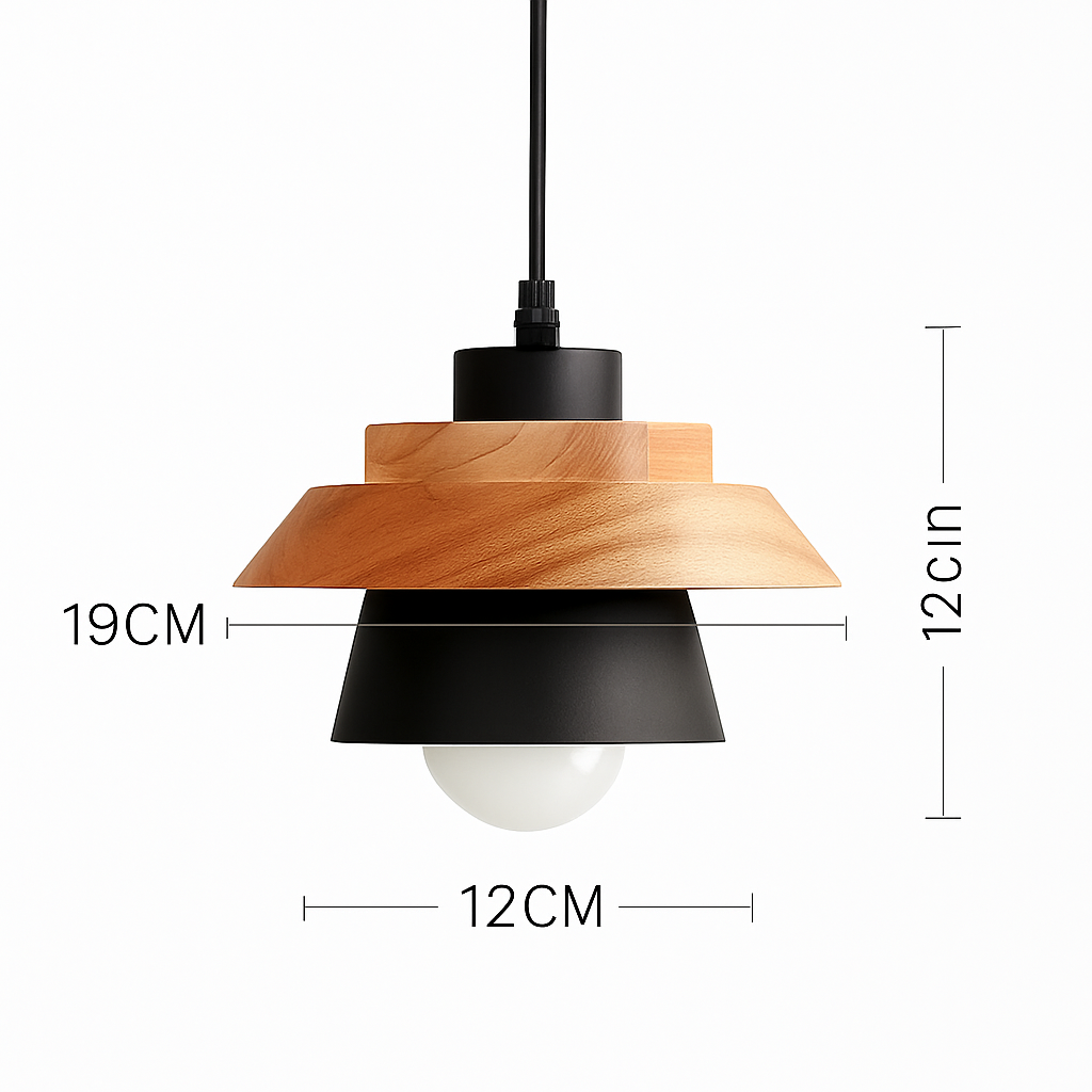 Kleurige metalen en houten hanglamp in verschillende Scandinavische vormen