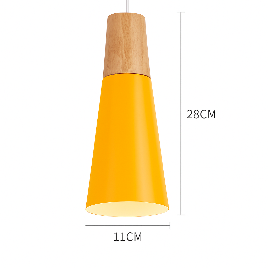 Kleurige metalen en houten hanglamp in verschillende Scandinavische vormen