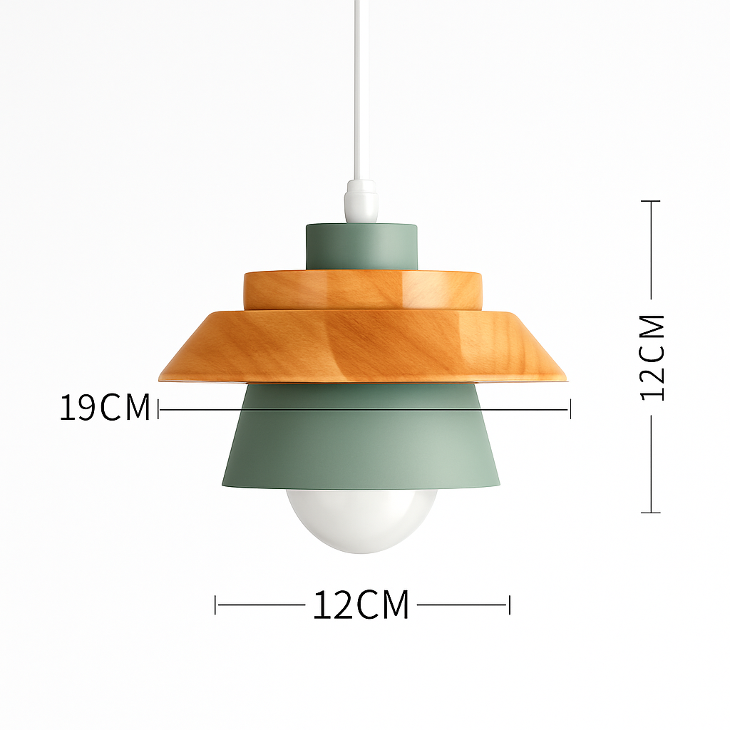Kleurige metalen en houten hanglamp in verschillende Scandinavische vormen