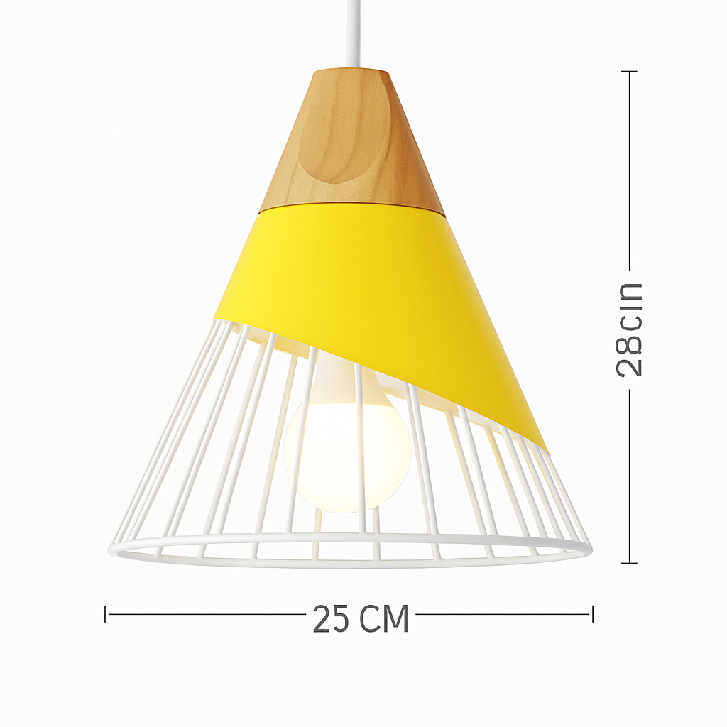Kleurige metalen en houten hanglamp in verschillende Scandinavische vormen
