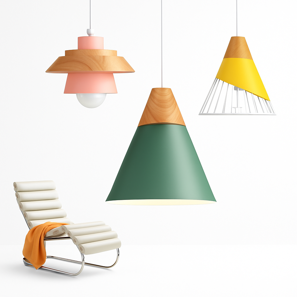 Kleurige metalen en houten hanglamp in verschillende Scandinavische vormen