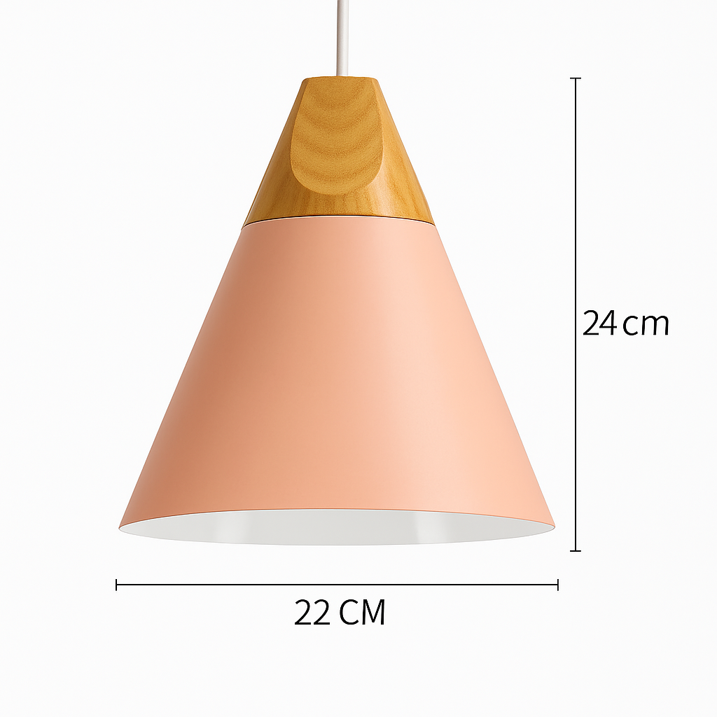 Kleurige metalen en houten hanglamp in verschillende Scandinavische vormen