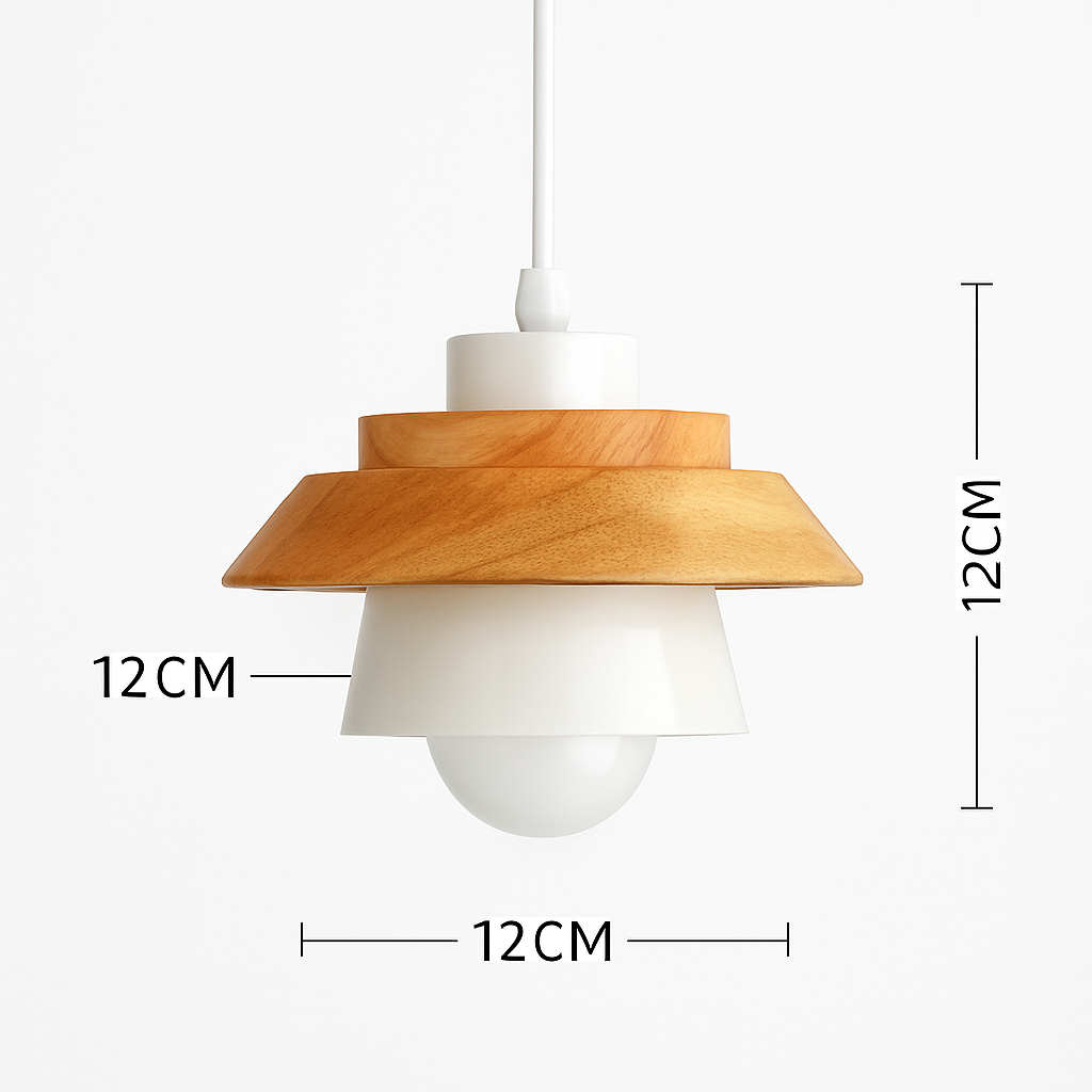 Kleurige metalen en houten hanglamp in verschillende Scandinavische vormen