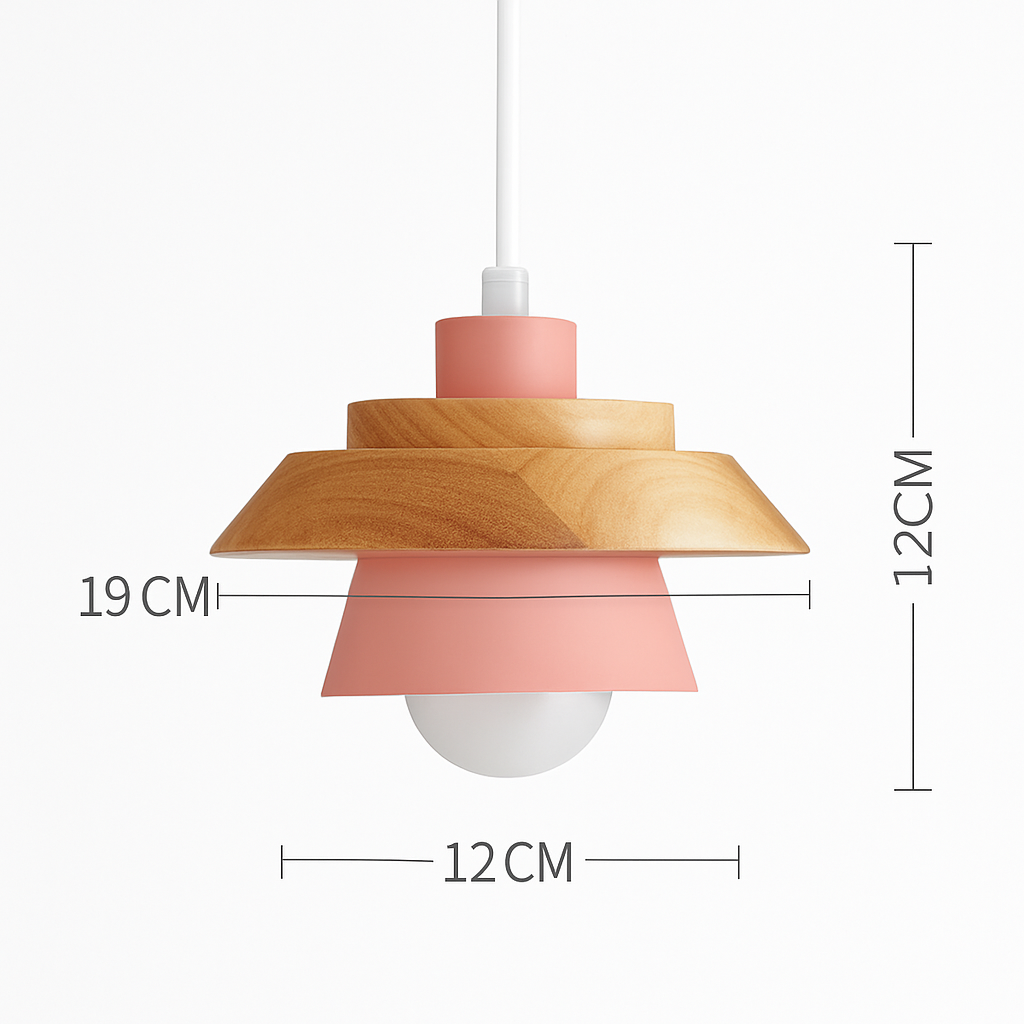 Kleurige metalen en houten hanglamp in verschillende Scandinavische vormen