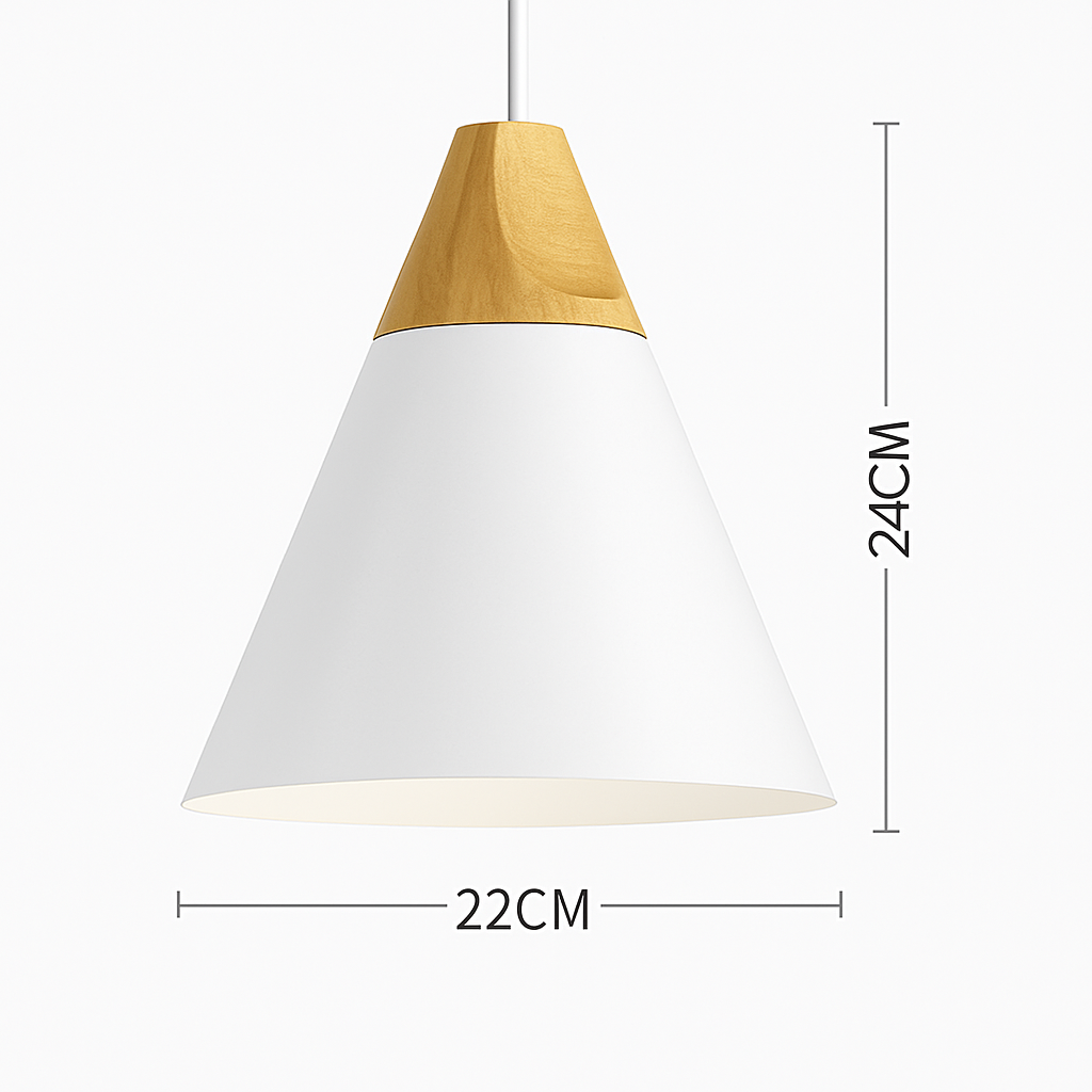 Kleurige metalen en houten hanglamp in verschillende Scandinavische vormen