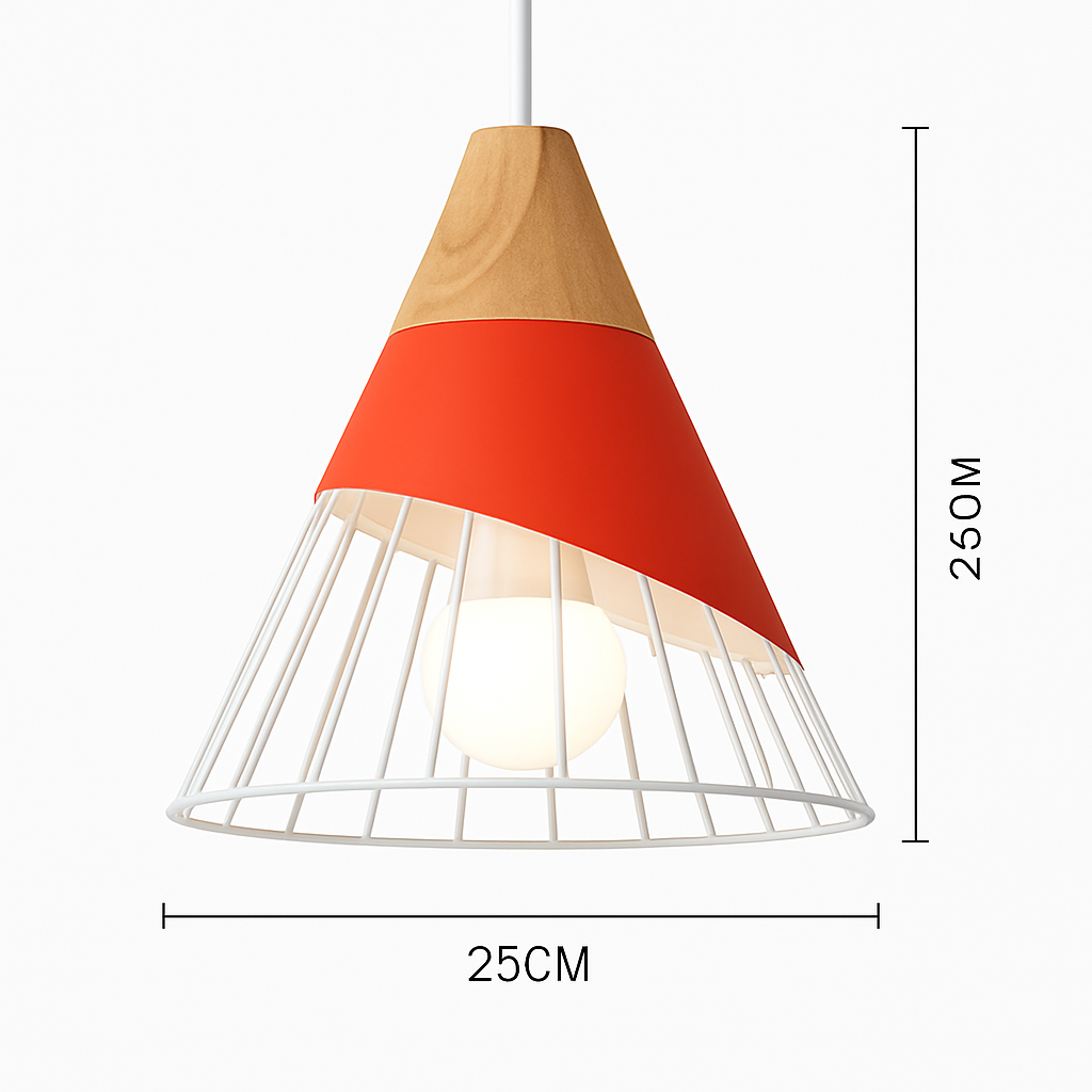 Kleurige metalen en houten hanglamp in verschillende Scandinavische vormen