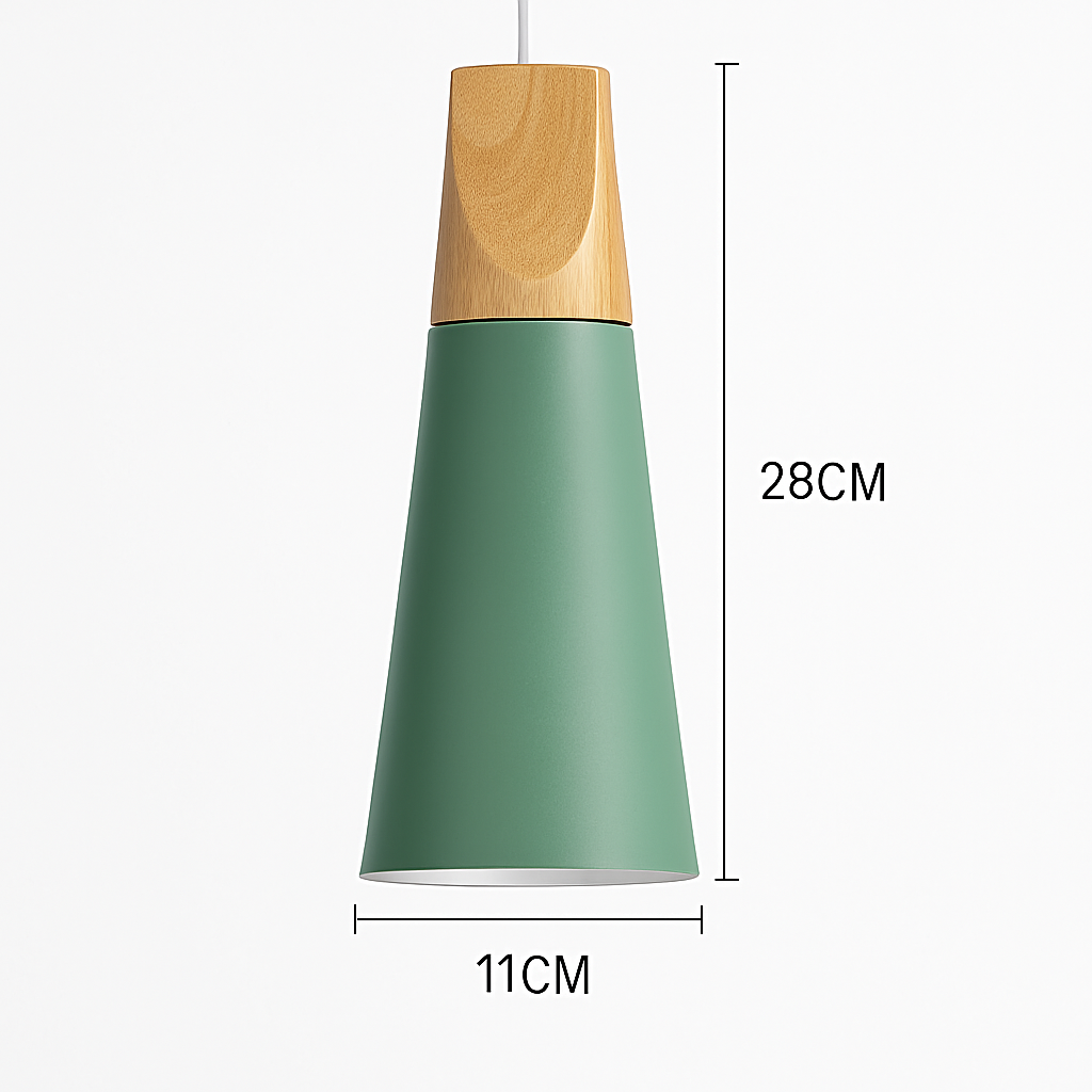 Kleurige metalen en houten hanglamp in verschillende Scandinavische vormen