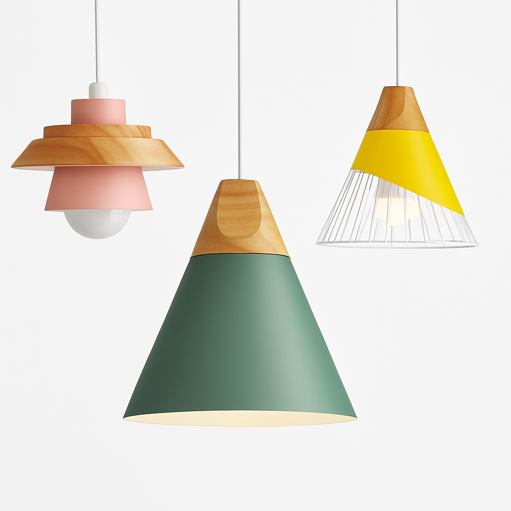 Kleurige metalen en houten hanglamp in verschillende Scandinavische vormen