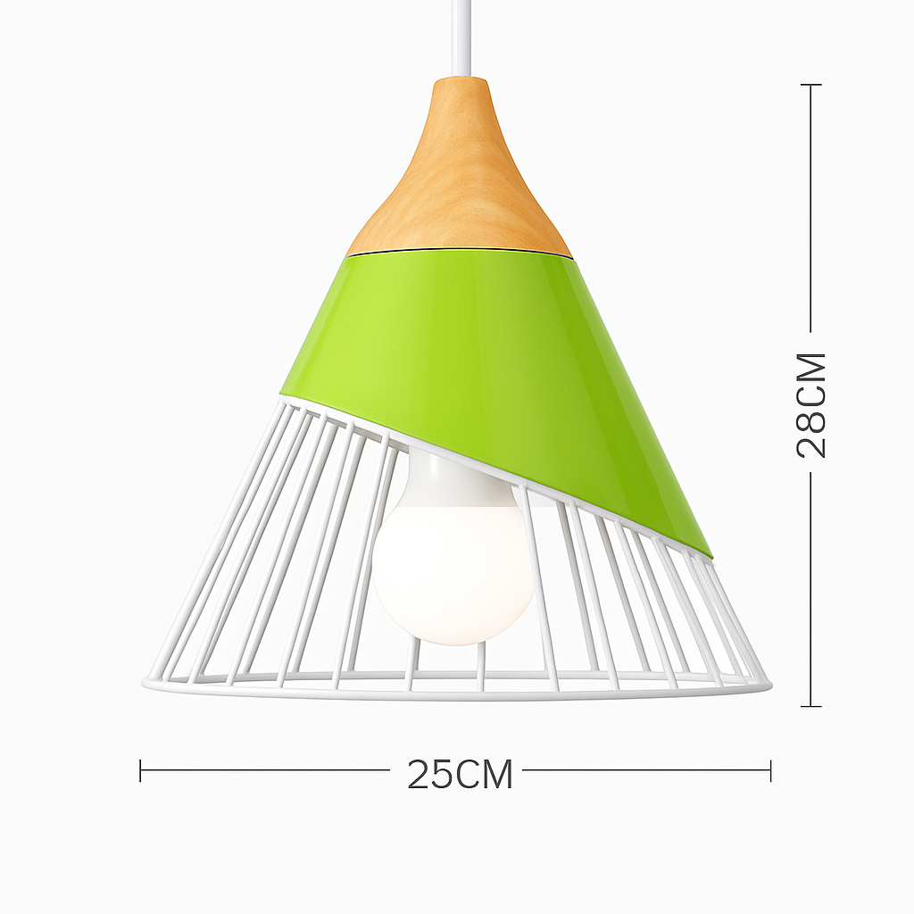 Kleurige metalen en houten hanglamp in verschillende Scandinavische vormen