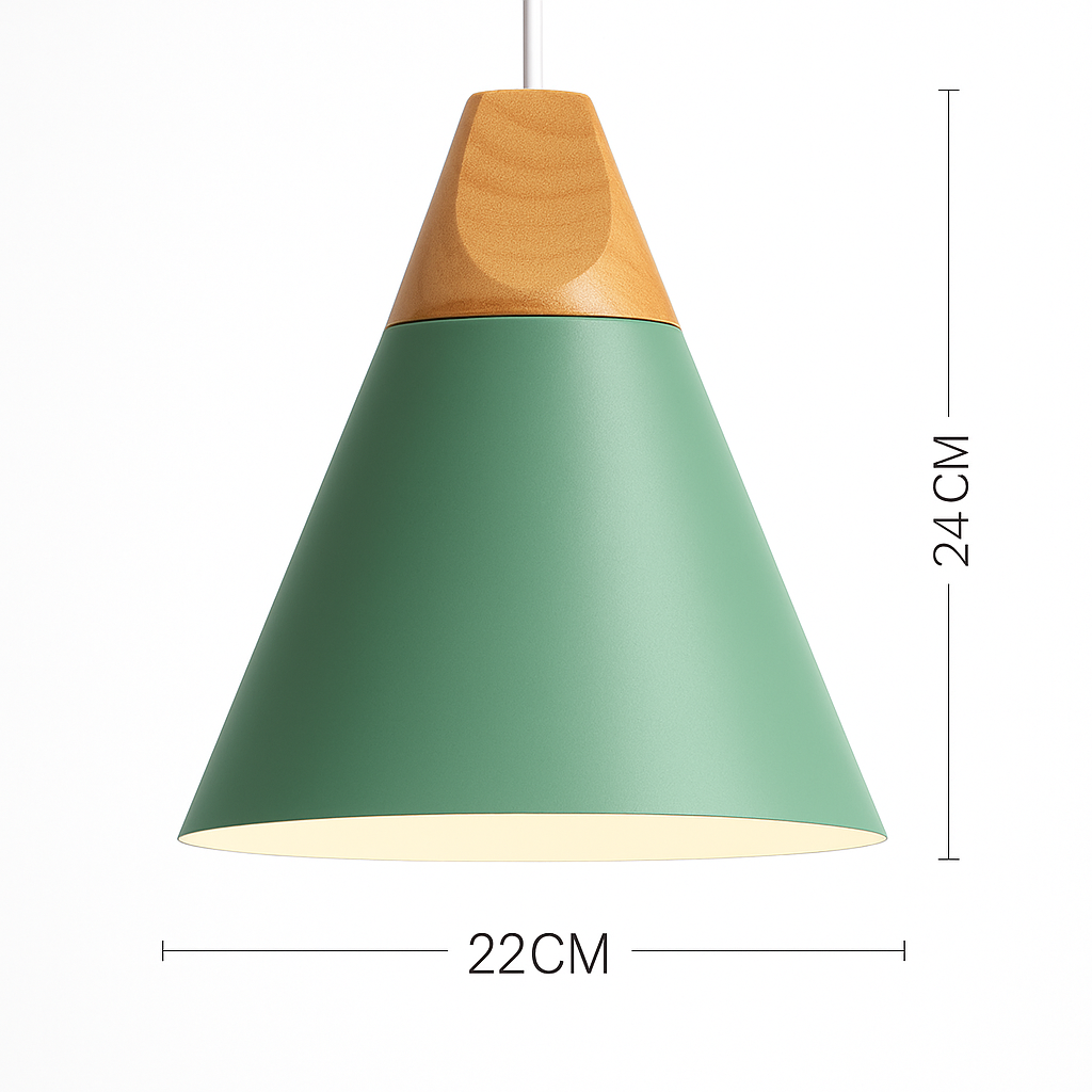 Kleurige metalen en houten hanglamp in verschillende Scandinavische vormen