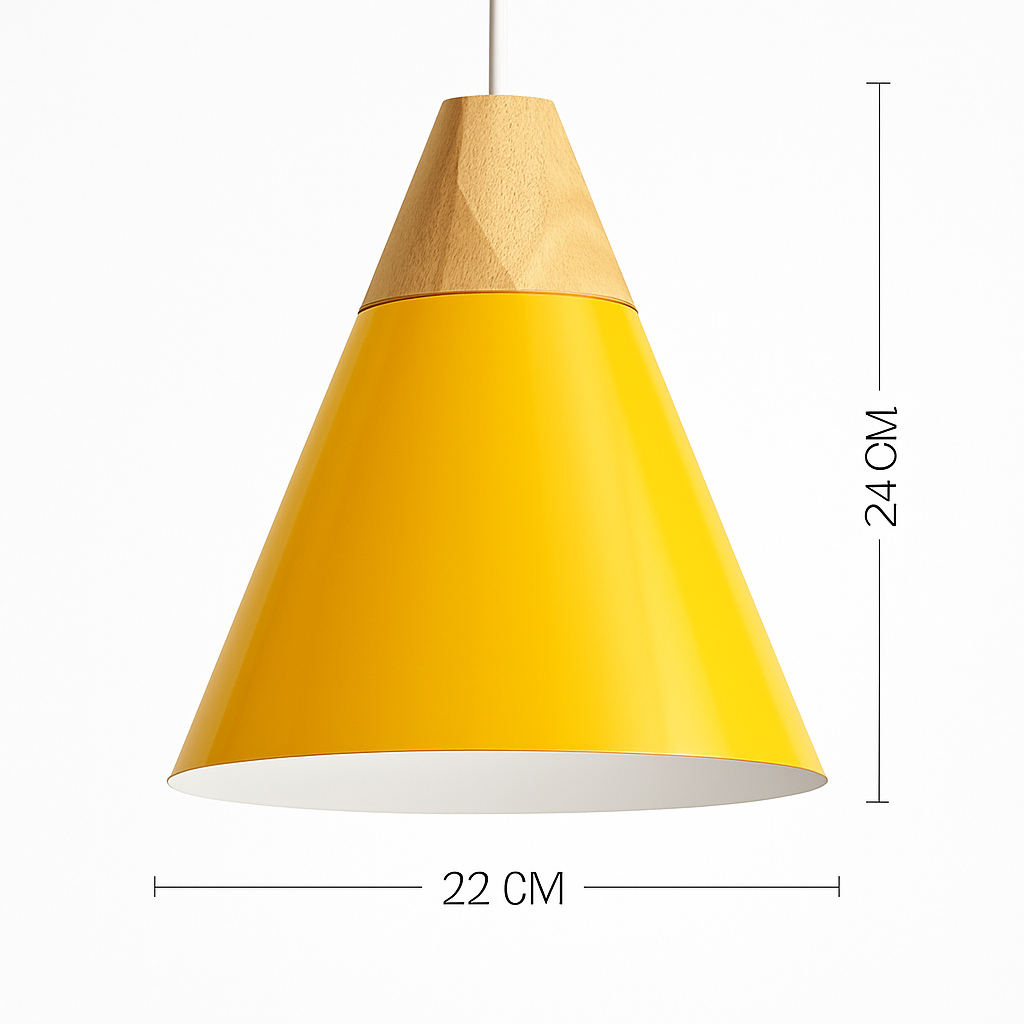 Kleurige metalen en houten hanglamp in verschillende Scandinavische vormen