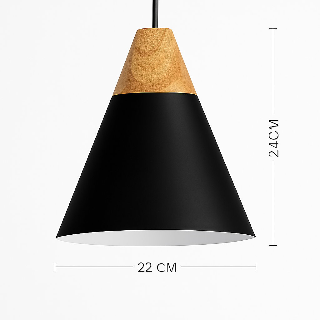 Kleurige metalen en houten hanglamp in verschillende Scandinavische vormen