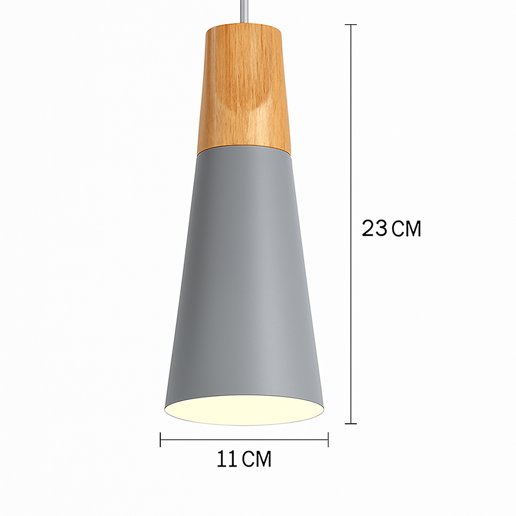 Kleurige metalen en houten hanglamp in verschillende Scandinavische vormen