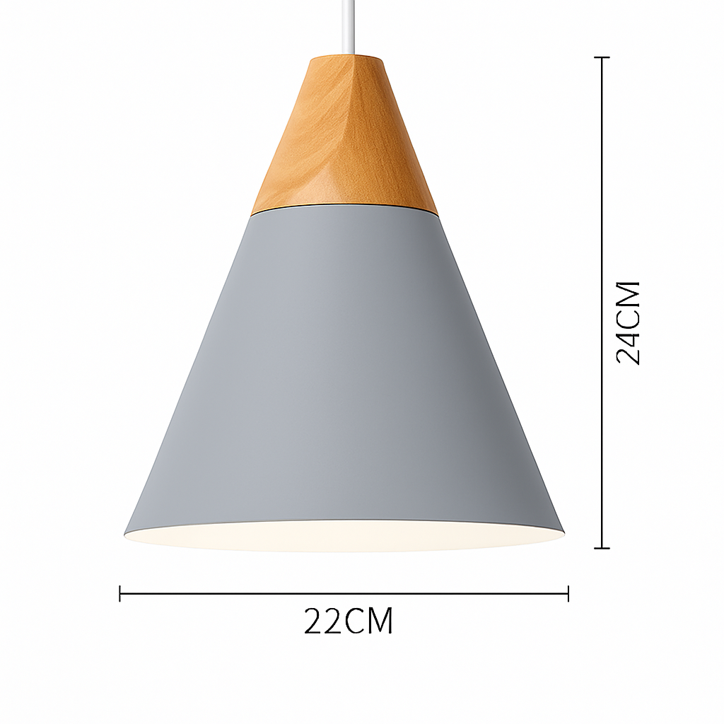 Kleurige metalen en houten hanglamp in verschillende Scandinavische vormen