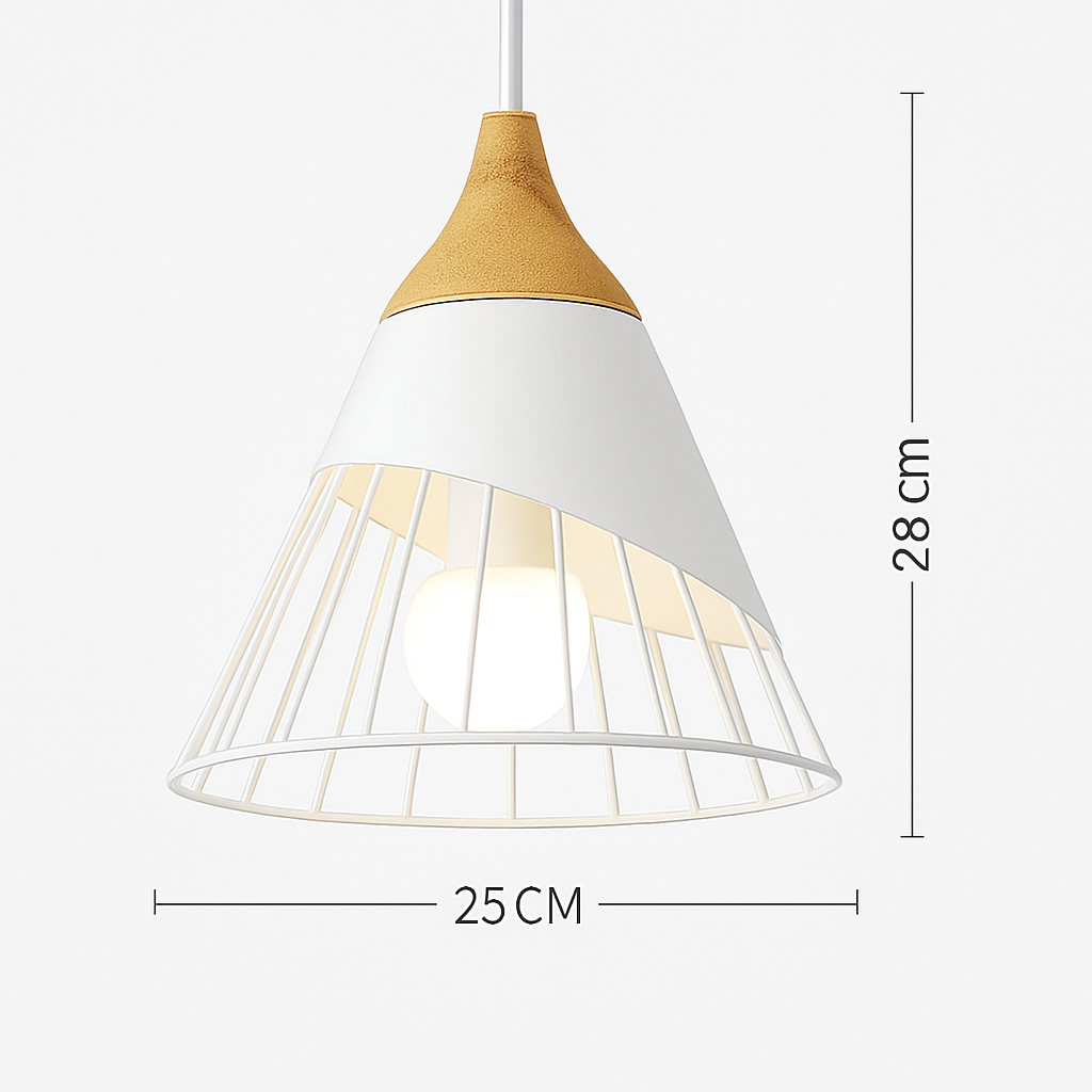 Kleurige metalen en houten hanglamp in verschillende Scandinavische vormen