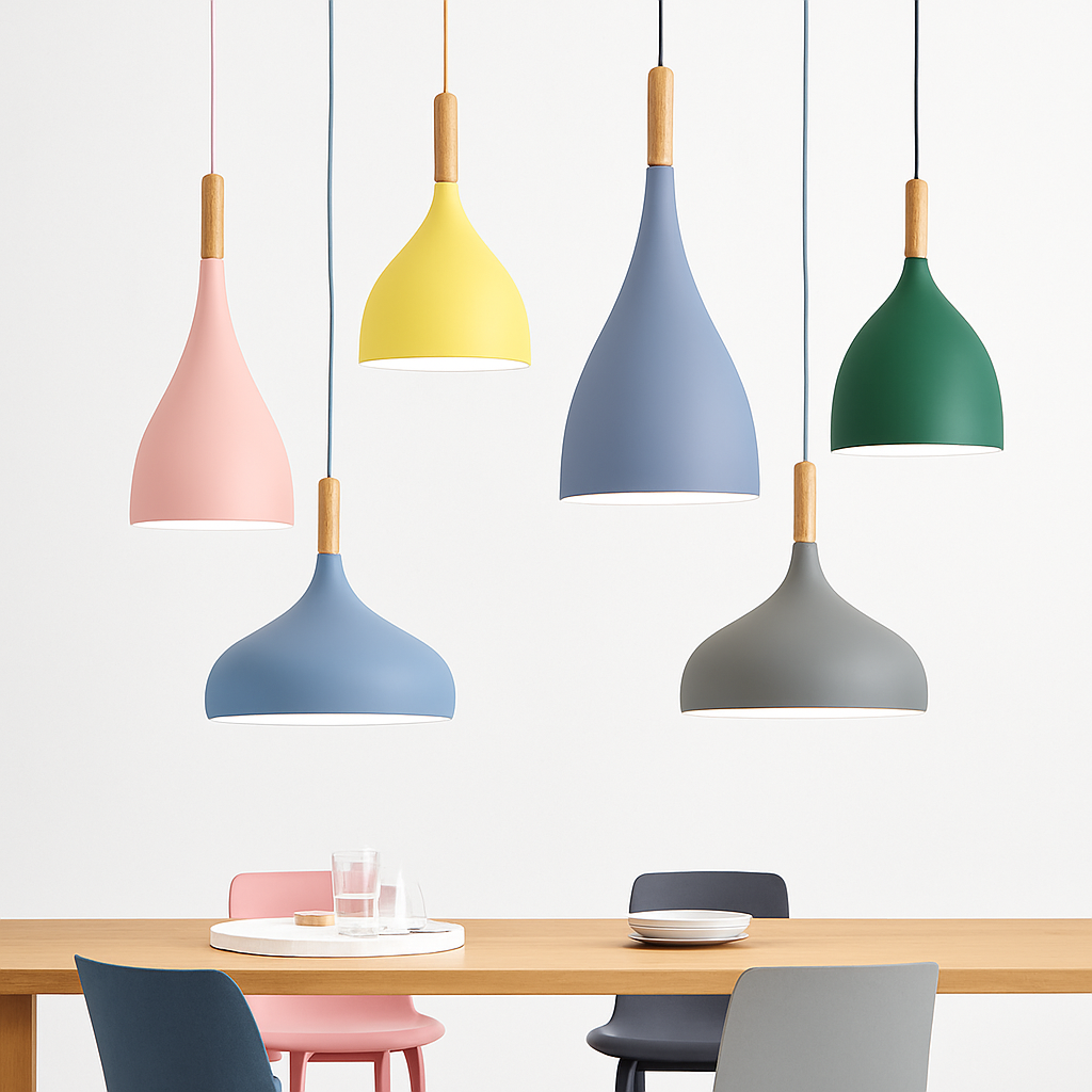 Kleurige metalen LED-hanglamp en houten stok in Nordic-stijl