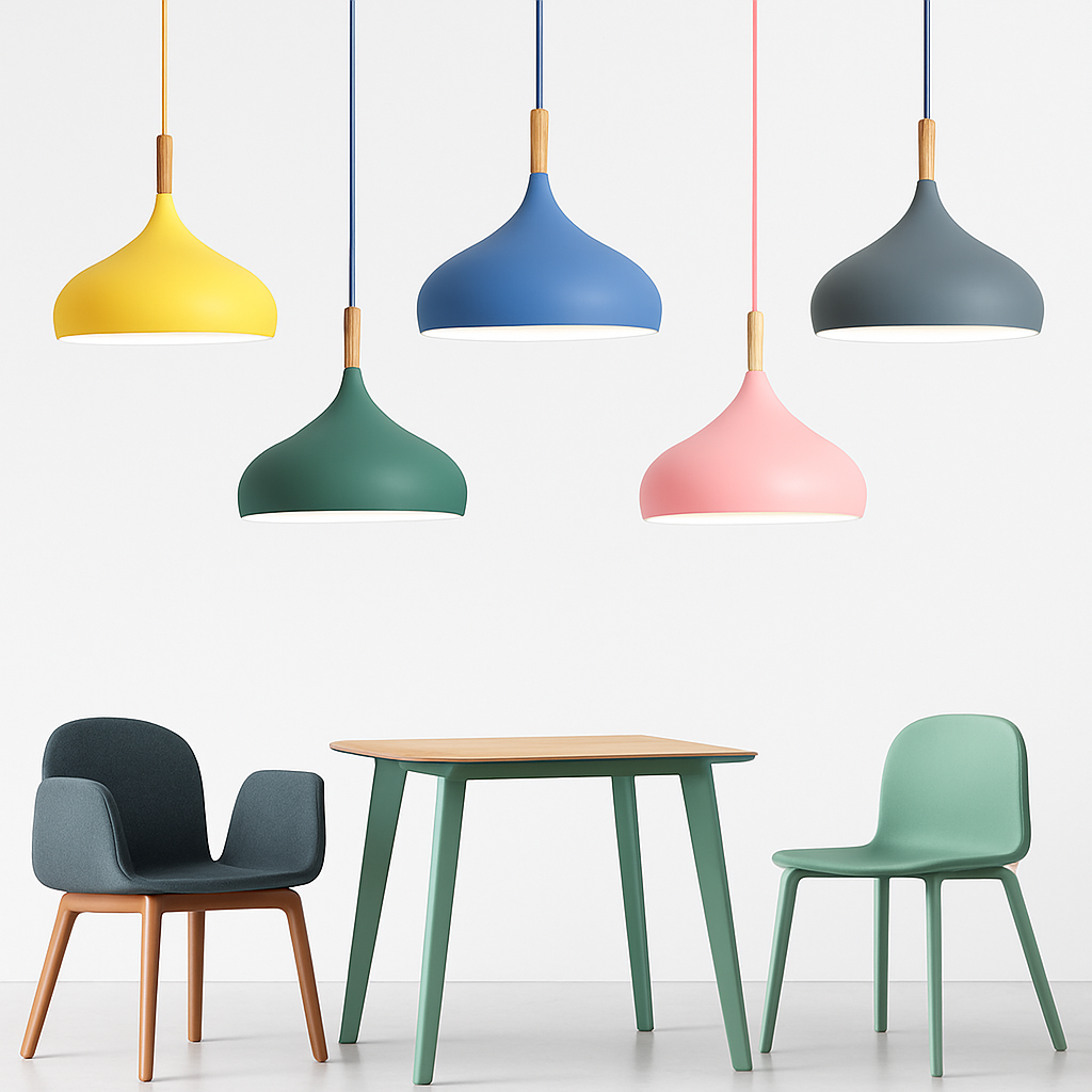 Kleurige metalen LED-hanglamp en houten stok in Nordic-stijl