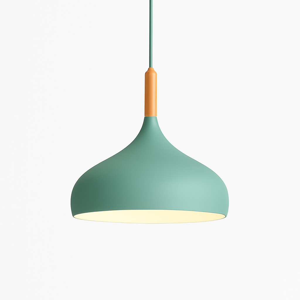 Kleurige metalen LED-hanglamp en houten stok in Nordic-stijl