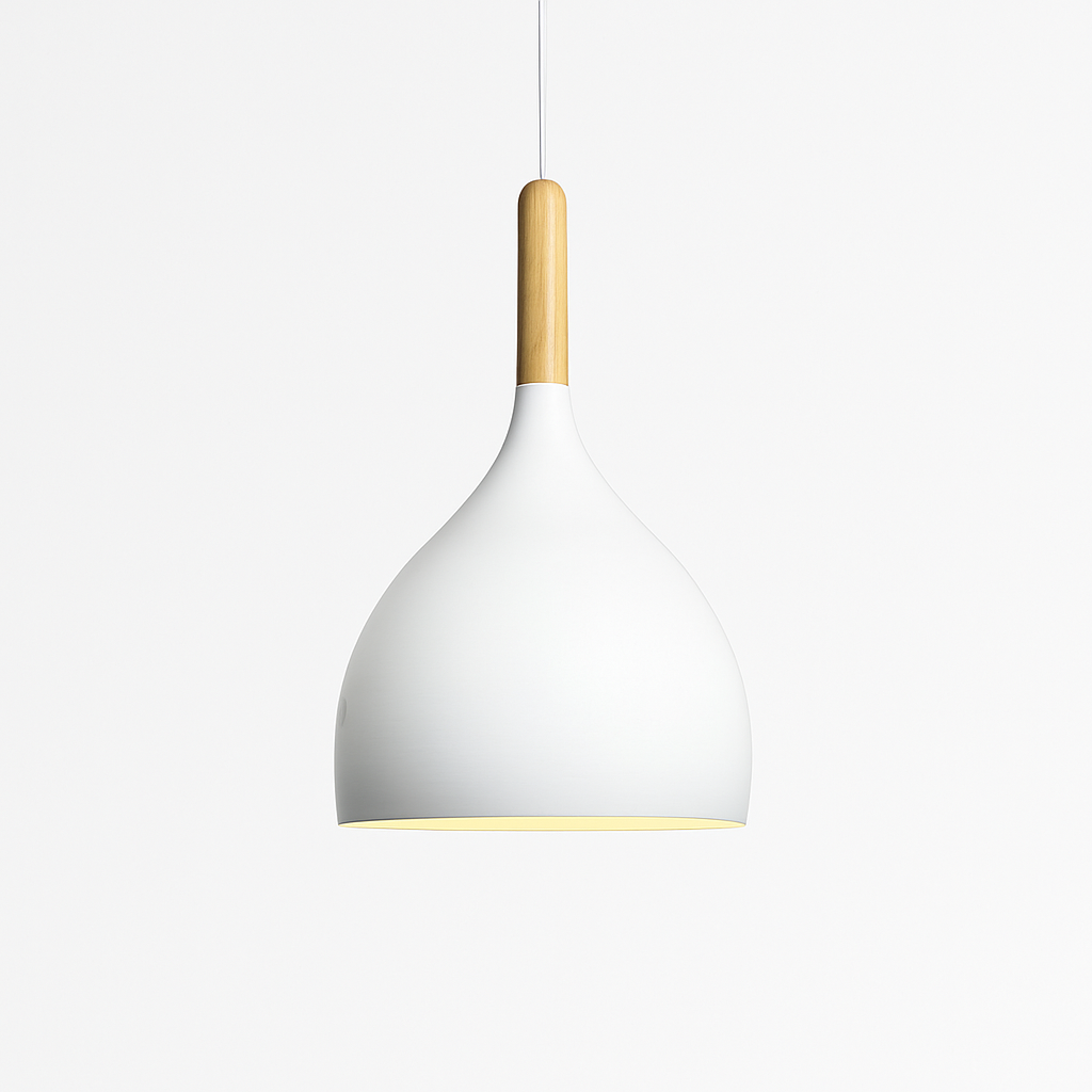 Kleurige metalen LED-hanglamp en houten stok in Nordic-stijl