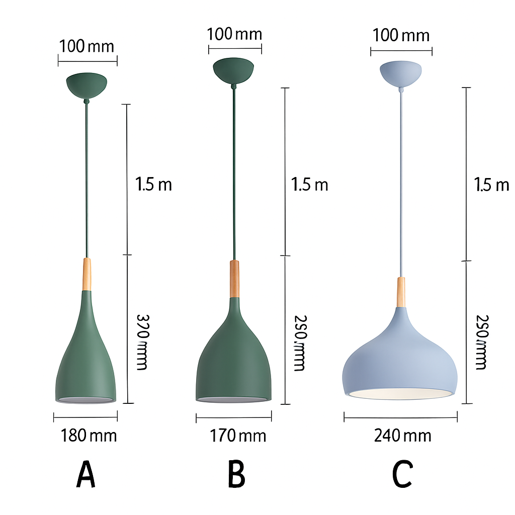 Kleurige metalen LED-hanglamp en houten stok in Nordic-stijl